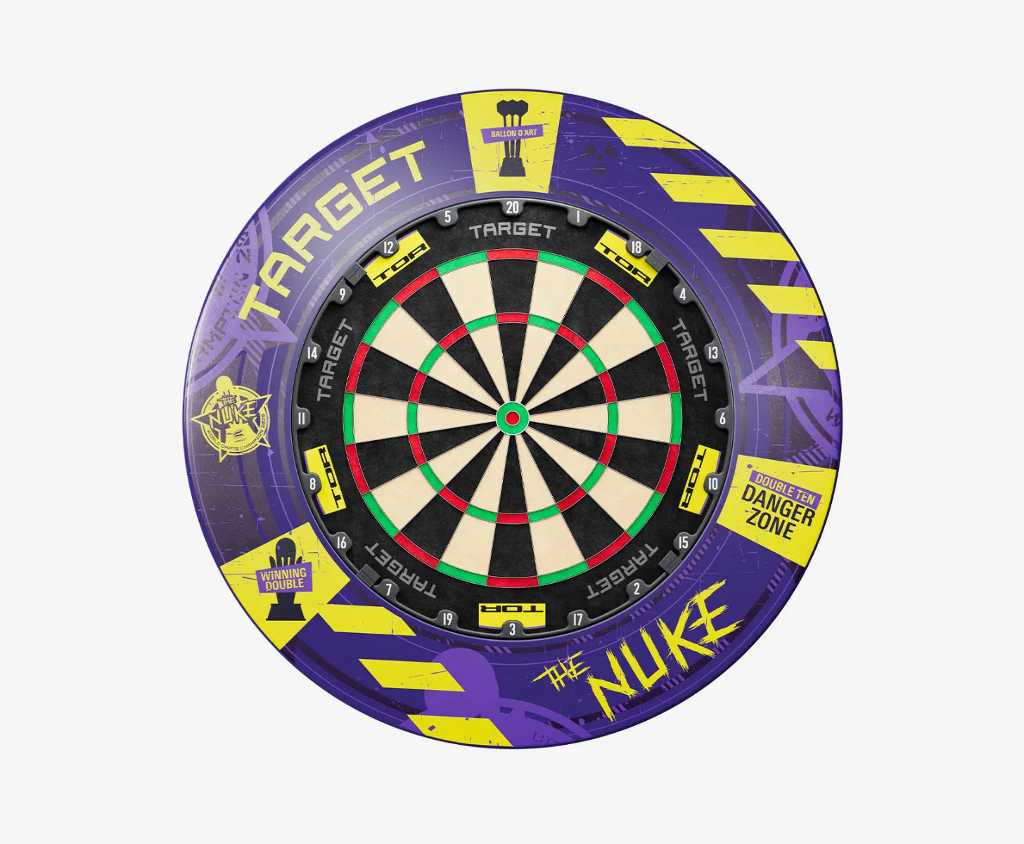 Dartboard with purple and yellow design on a white background