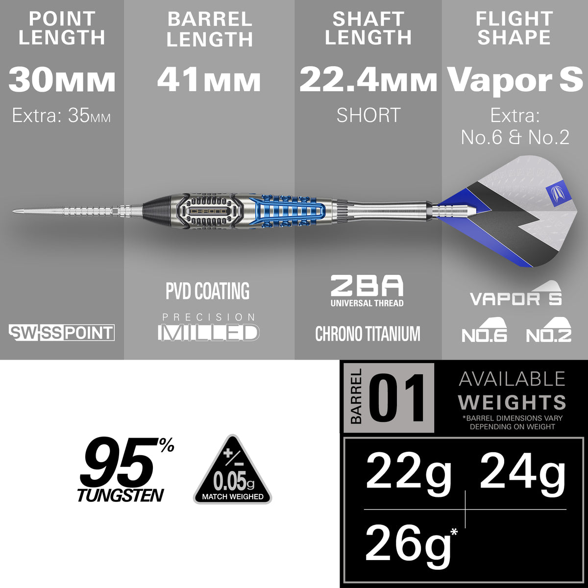Target Phil Taylor Power Chrono 95% Tungsten SP Steel Tip Darts